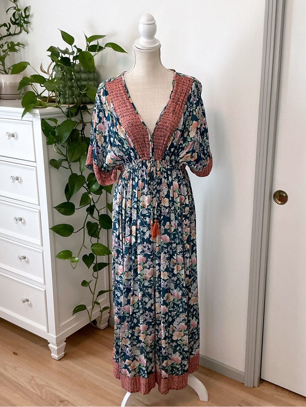 World Market | Coral and Blue Floral Maxi Caftan Dress size S/M